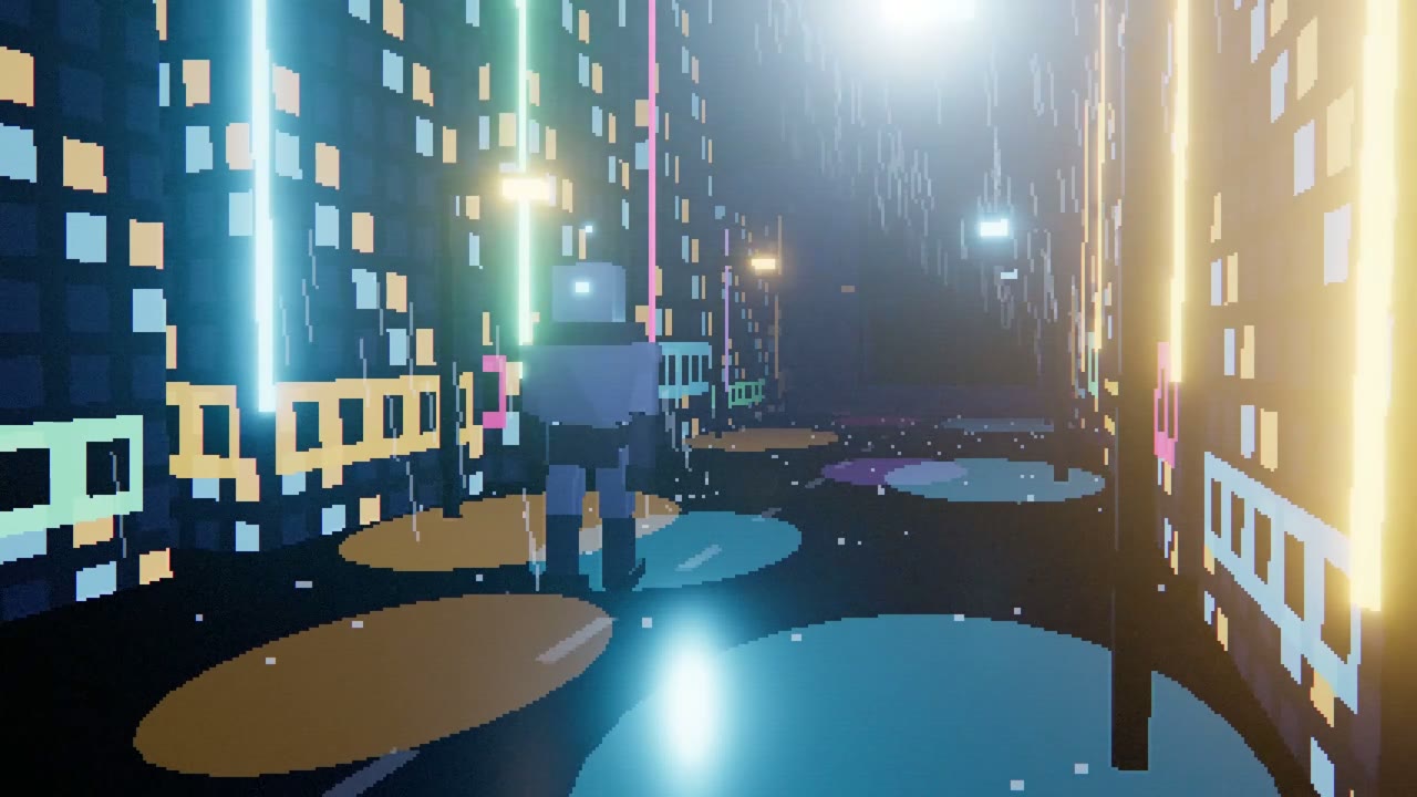 A solitary figure in a luminous city